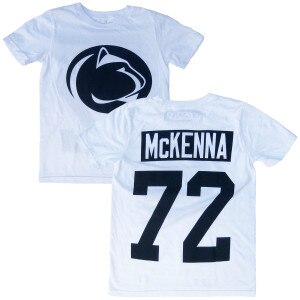 youth white short sleeve t-shirt Penn State Athletic Logo on front, McKenna #72 on back
